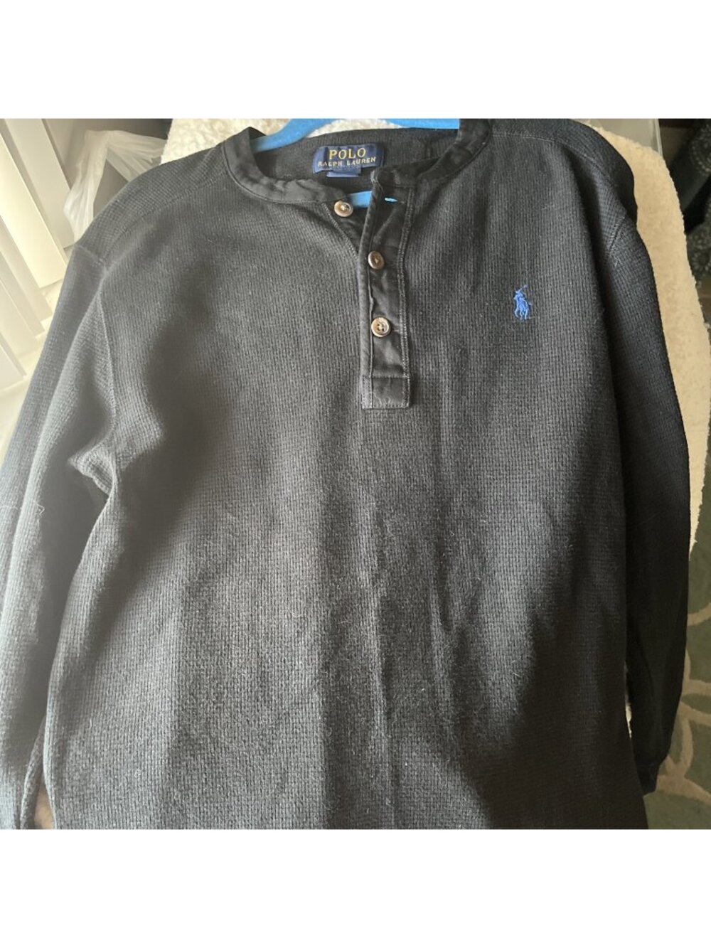 RALPH LAUREN POLO BLACK WAFFLE KNIT LONG-SLEEVE BOYs THERMAL SHIRT Medium 10-12